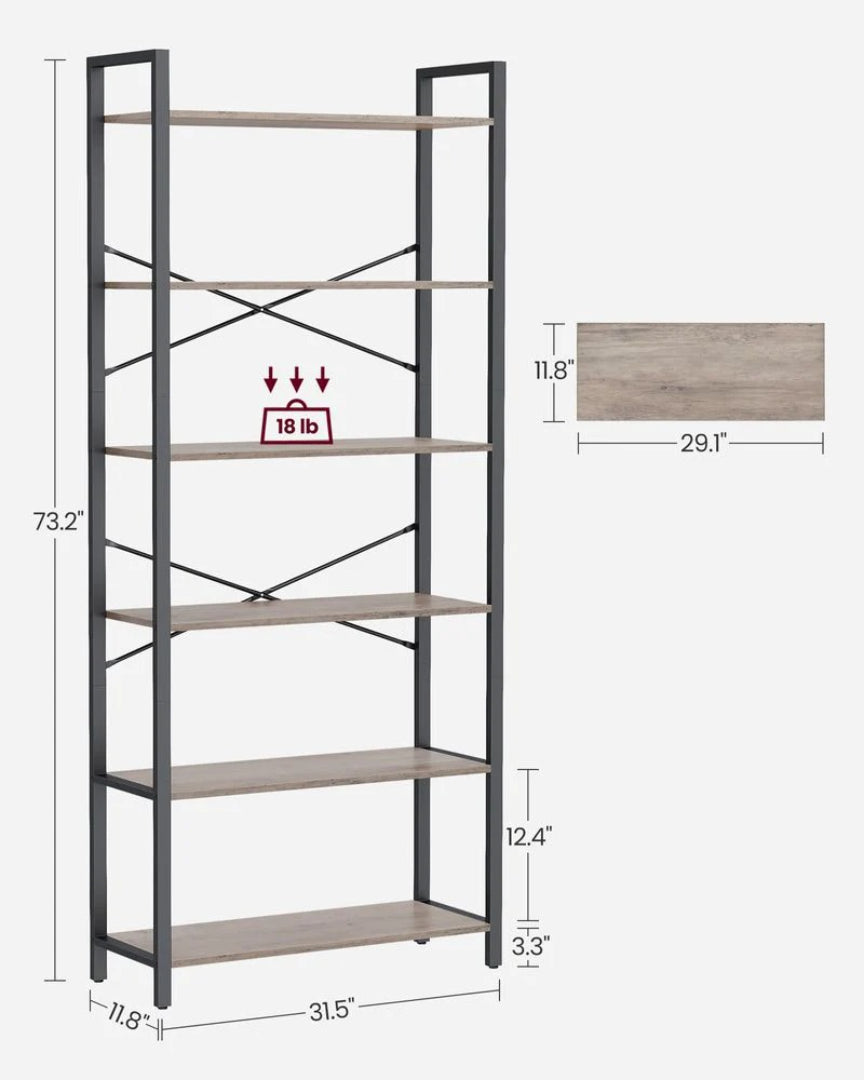 6 Tier Industrial Bookshelf With Steel Frame, 26/31.5 Inch Unit