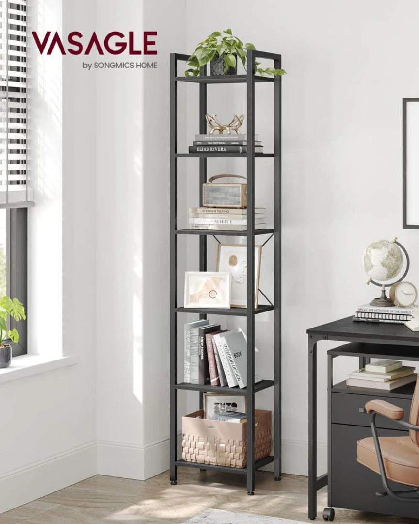 6 Tier Narrow Bookcase With Steel Frame, 73.8 Inch Storage Shelf