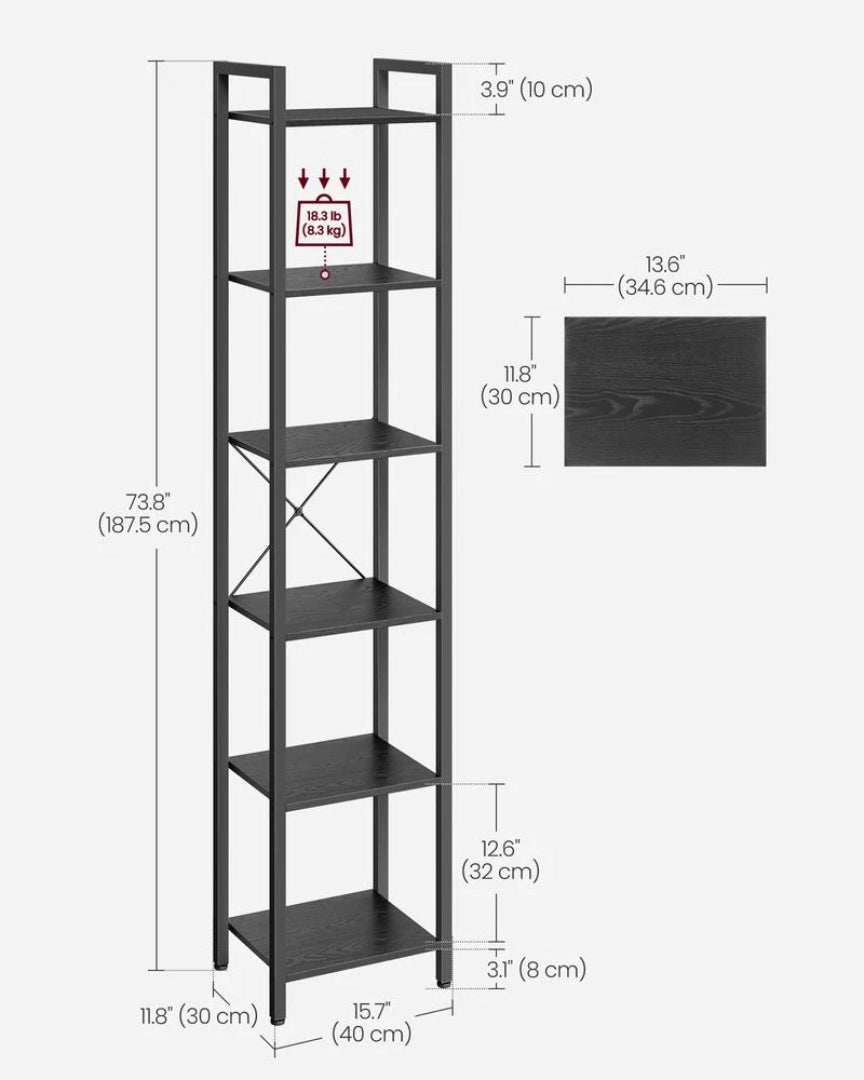 6 Tier Narrow Bookcase With Steel Frame Storage Shelf