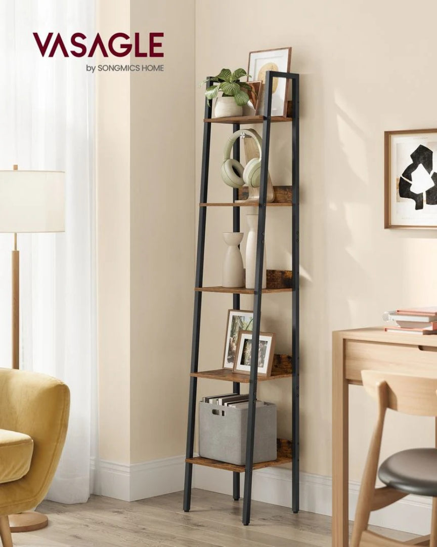 5 Tier Narrow Bookcase Ladder Shelf Space Saving Storage