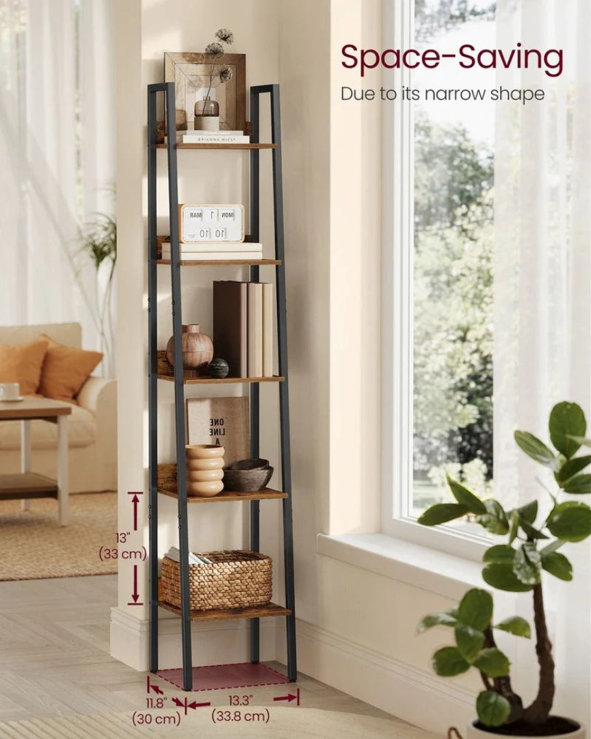 5 Tier Narrow Bookcase Ladder Shelf Space Saving Storage