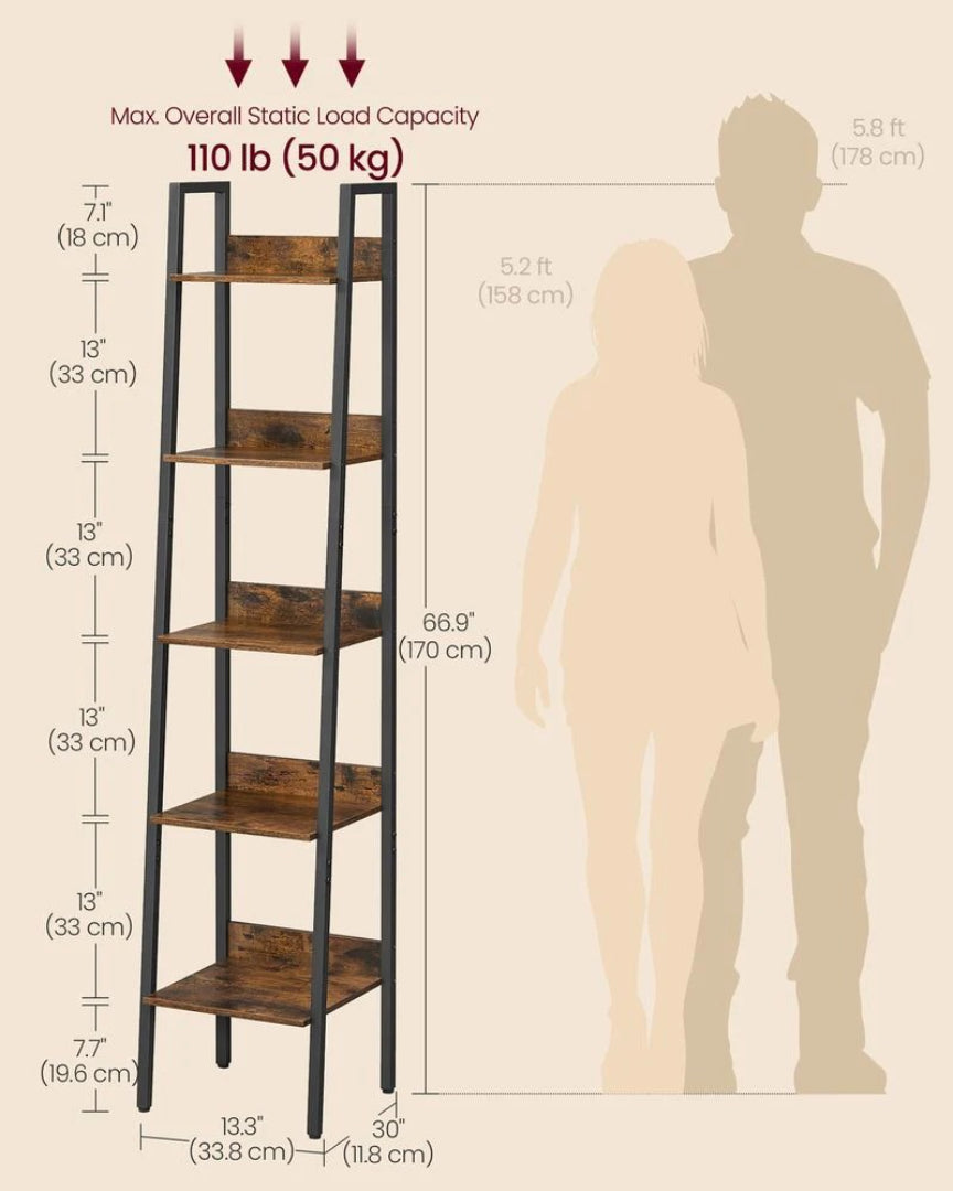 5 Tier Narrow Bookcase Ladder Shelf Space Saving Storage