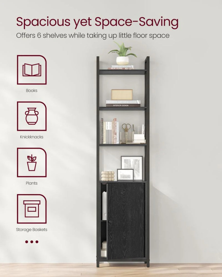6 Tier Bookcase With Door And Adjustable Storage Shelves