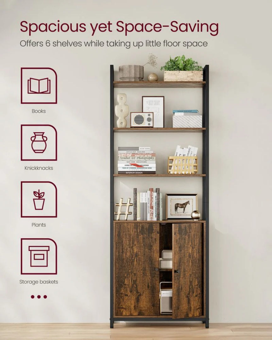 6 Tier Bookcase With Door And Adjustable Storage Shelves