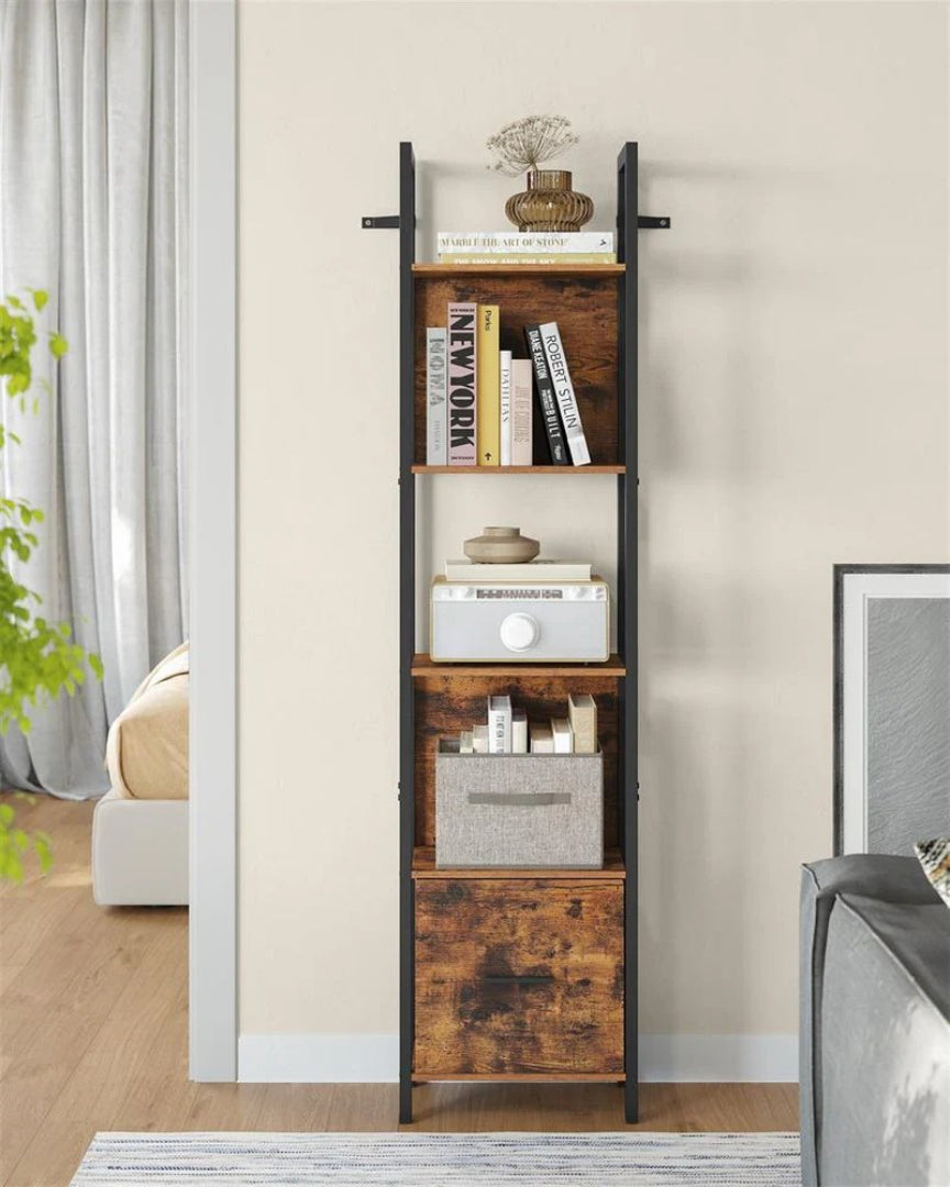 5 Tier Bookshelf With Drawer Steel Frame Storage Shelf
