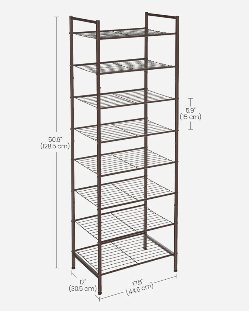 8 Tier Narrow Shoe Rack With Metal Shelves, Space Saving Organizer