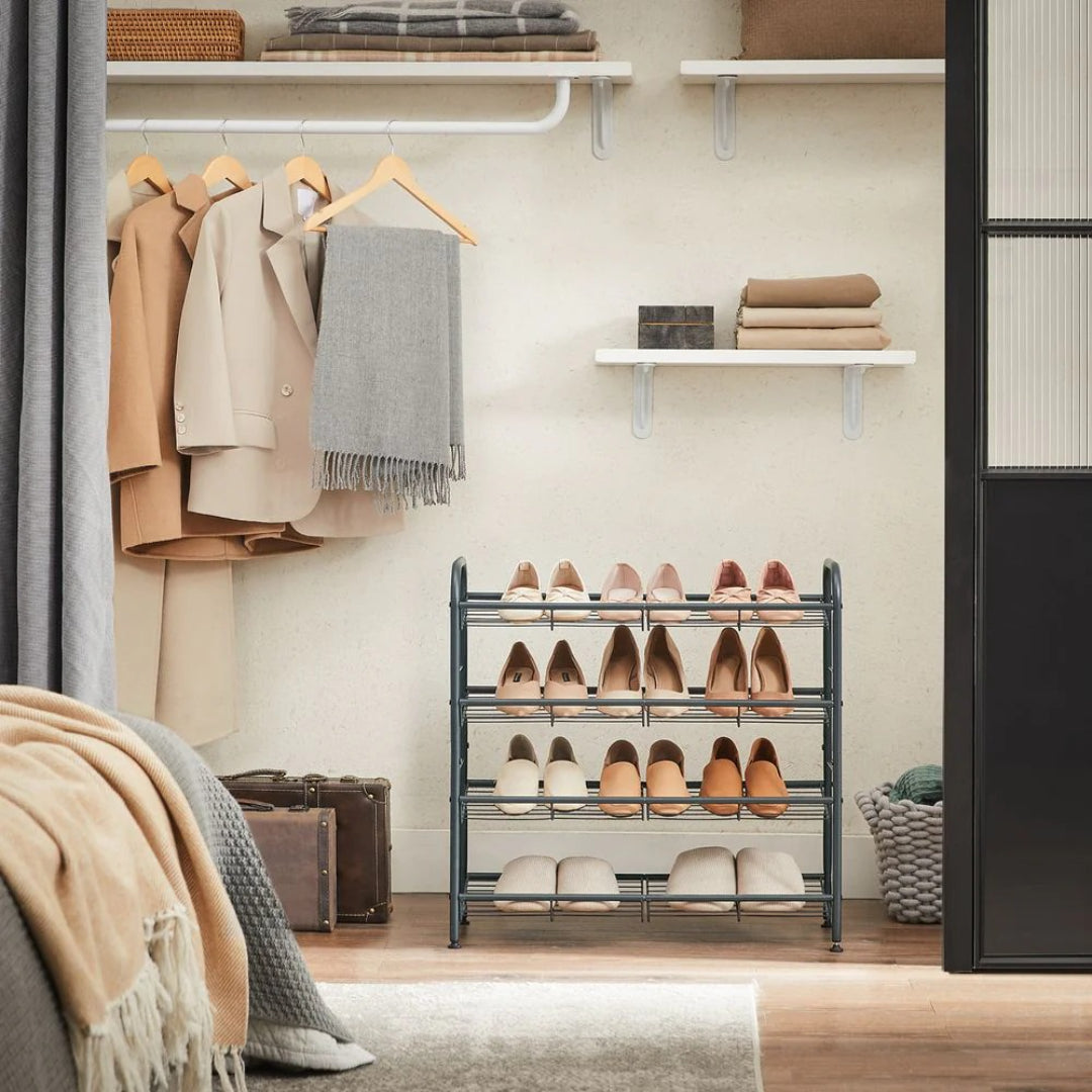 4 Tier Shoe Rack With Metal Shelves, Holds 16 Pairs Organizer