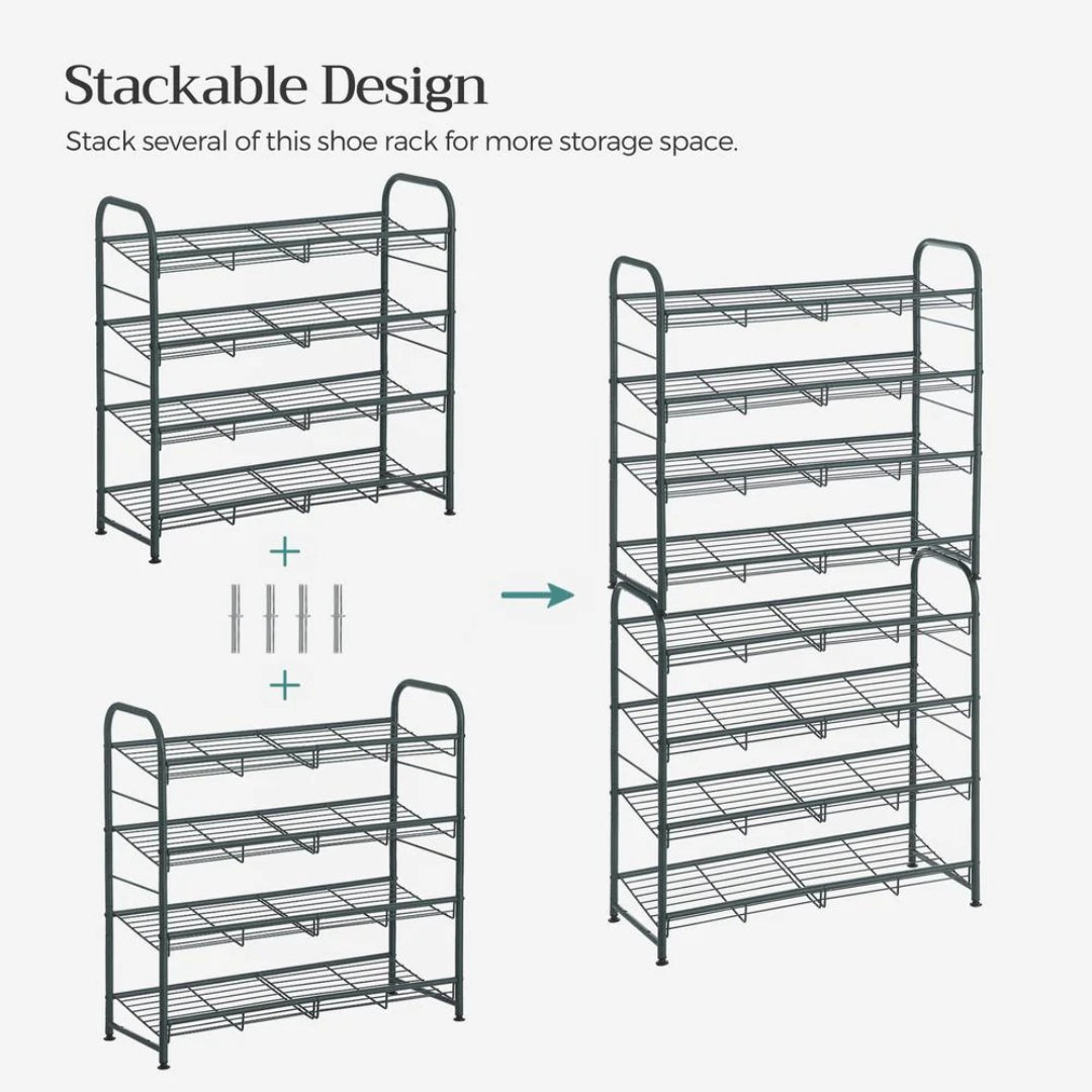 4 Tier Shoe Rack With Metal Shelves, Holds 16 Pairs Organizer