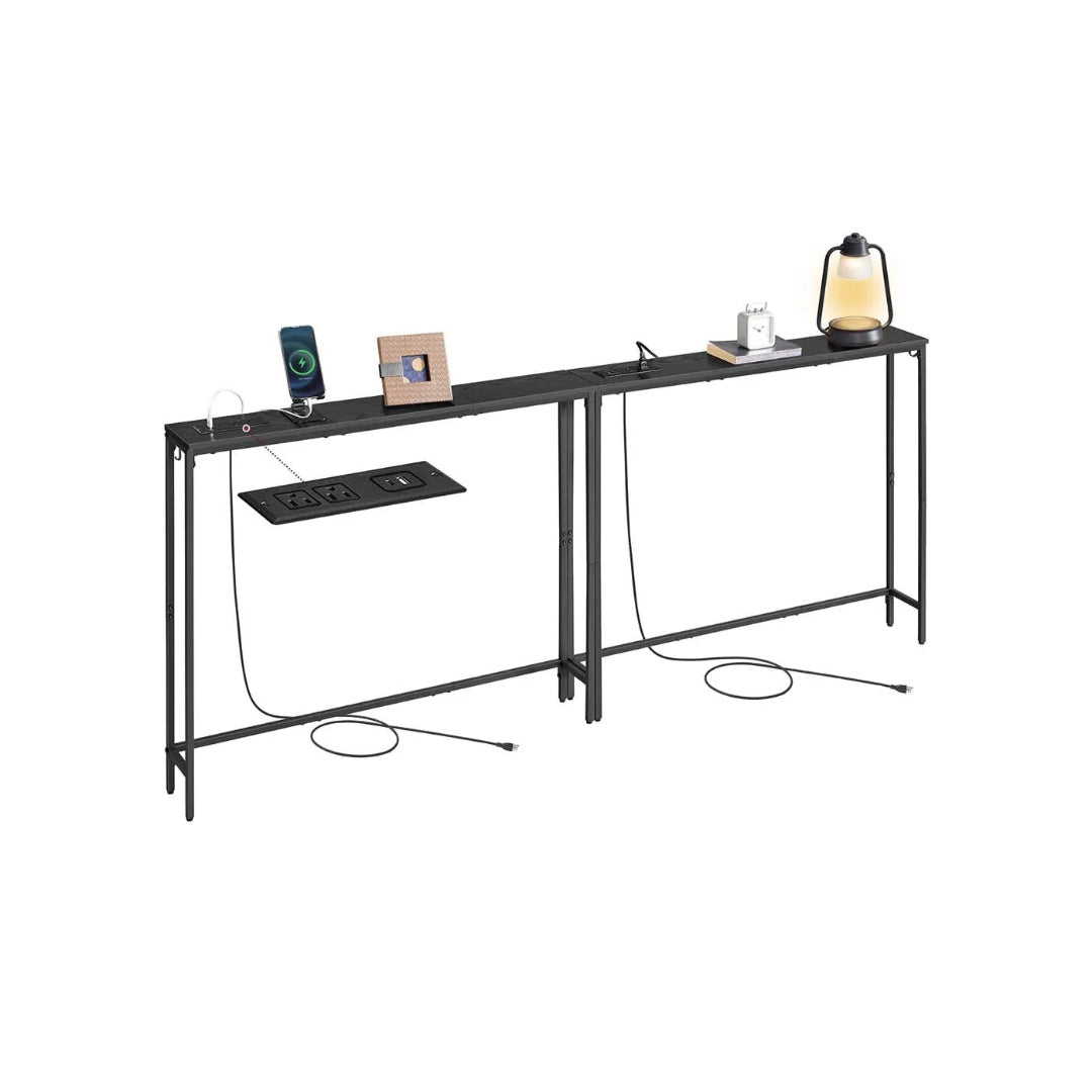 Console Table Set of 2 with Power Outlets and Hooks, Slim Sofa Tables