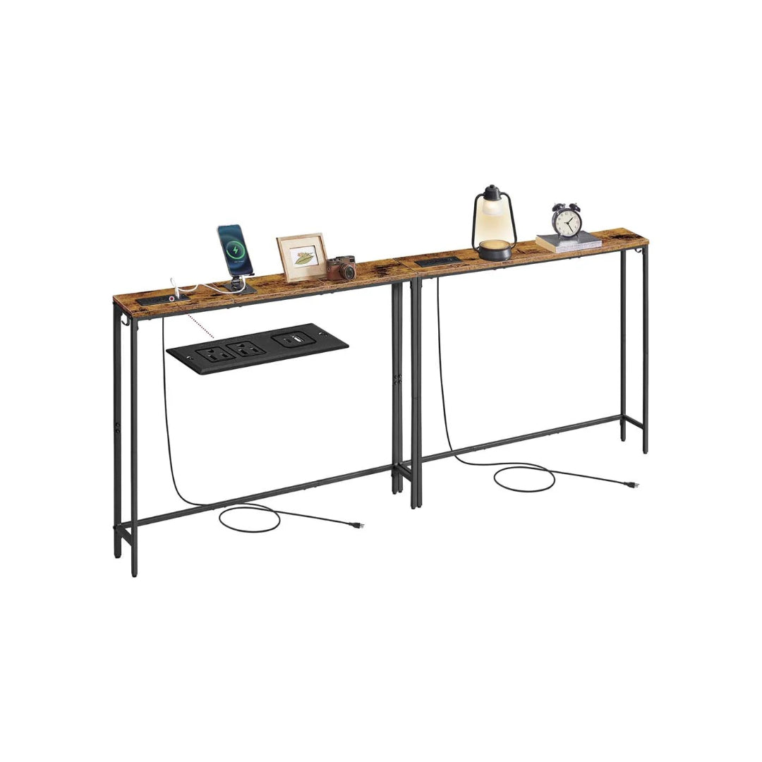 Console Table Set of 2 with Power Outlets and Hooks, Slim Sofa Tables
