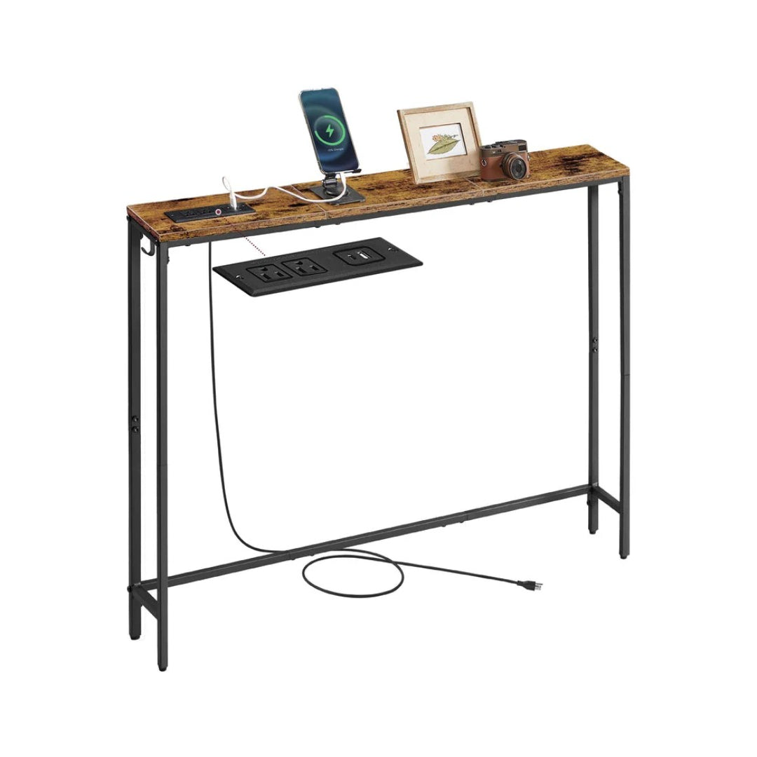 Slim Console Table with Power Outlet and Hook, Narrow Sofa Table