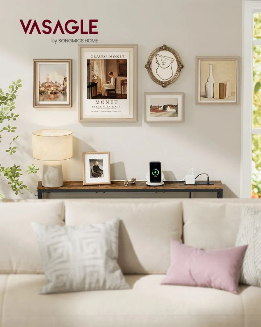 Slim Console Table with Power Outlet and Hook, Narrow Sofa Table