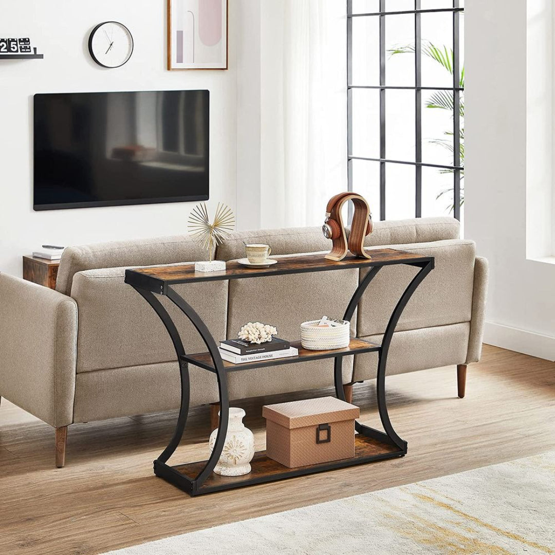 Console Table with Curved Frame and 2 Shelves, Rustic Entryway Table