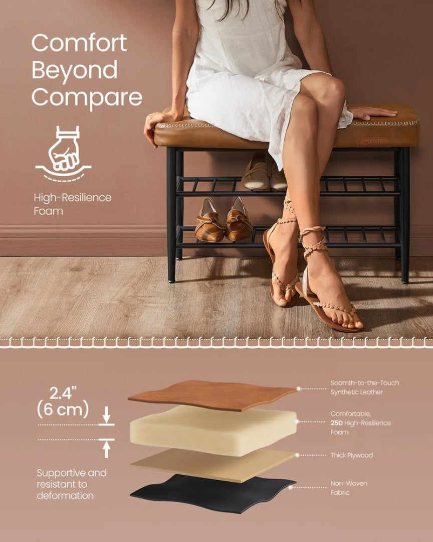 Shoe Bench With Cushion & Metal Shelves, 31.5/39.4 Inch Storage Bench