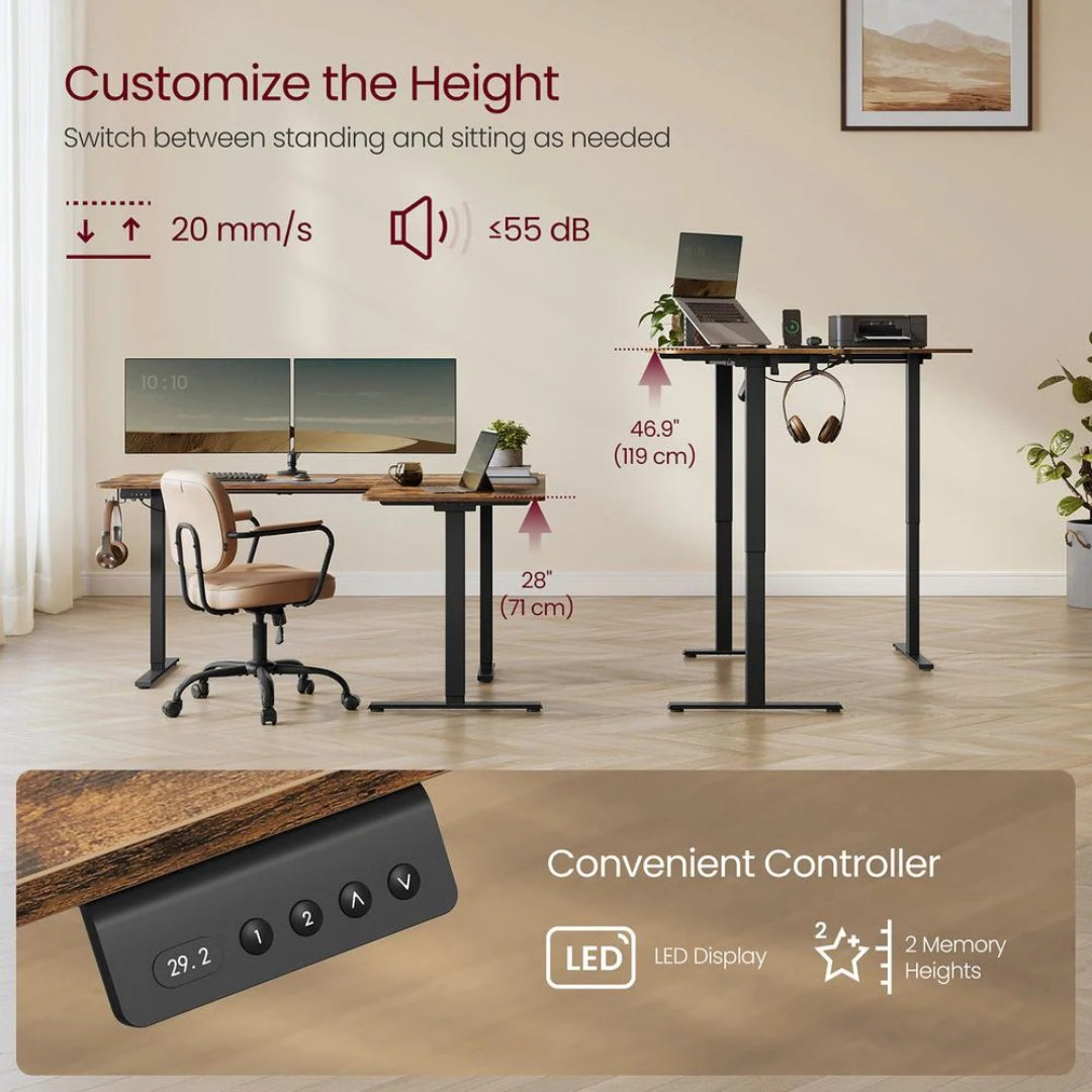 L Shaped Electric Standing Desk With Power Outlets, 47.2/63 Inch