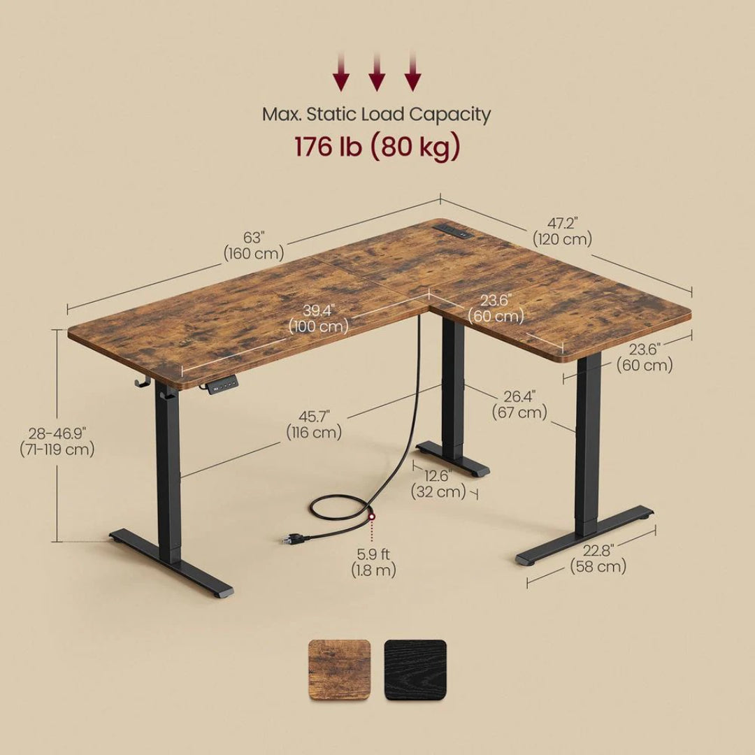 L Shaped Electric Standing Desk With Power Outlets, 47.2/63 Inch