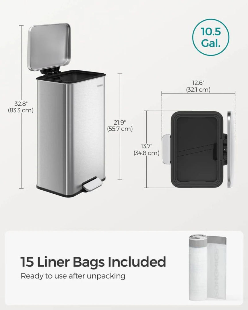 10.5-Gallon Stainless Steel Kitchen Trash Can with Soft-Close Lid