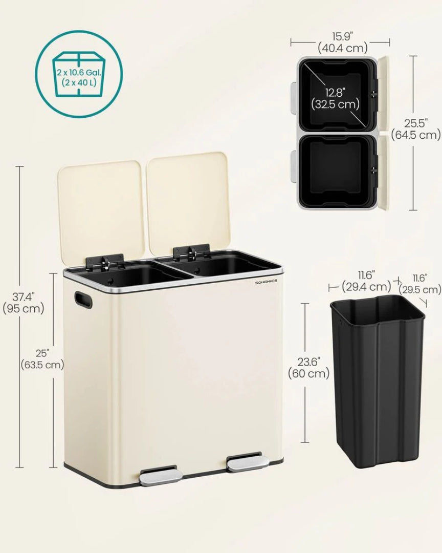 Dual Compartment Kitchen Trash Can with Pedal, 2 x 10.6 Gallon