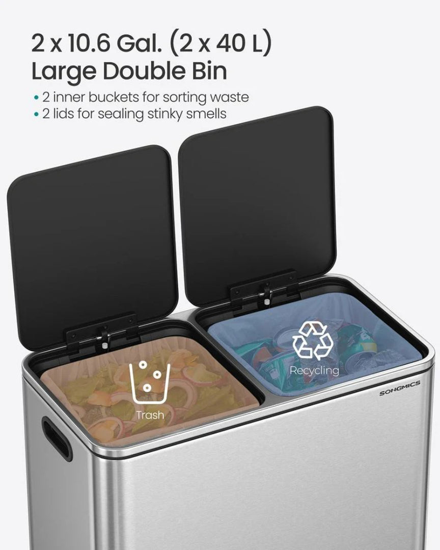 Dual Compartment Kitchen Trash Can with Pedal, 2 x 10.6 Gallon