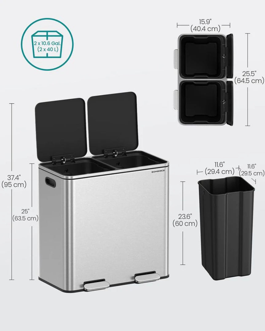 Dual Compartment Kitchen Trash Can with Pedal, 2 x 10.6 Gallon