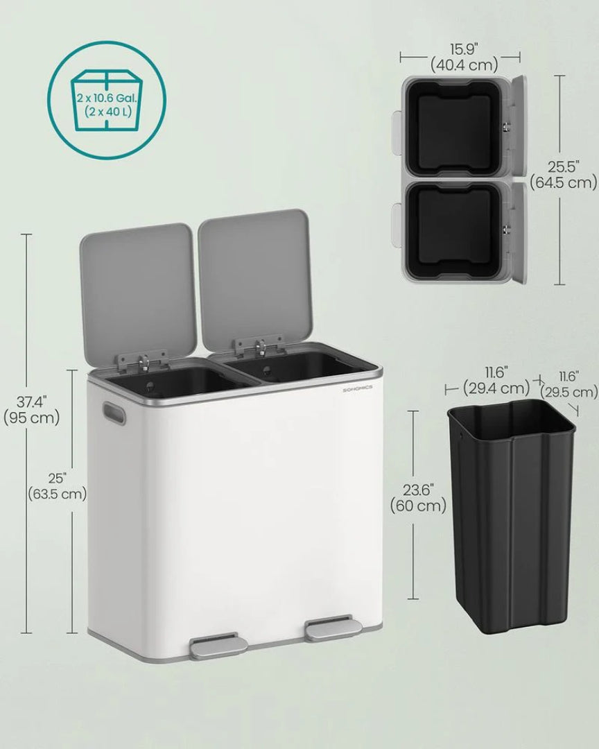 Dual Compartment Kitchen Trash Can with Pedal, 2 x 10.6 Gallon