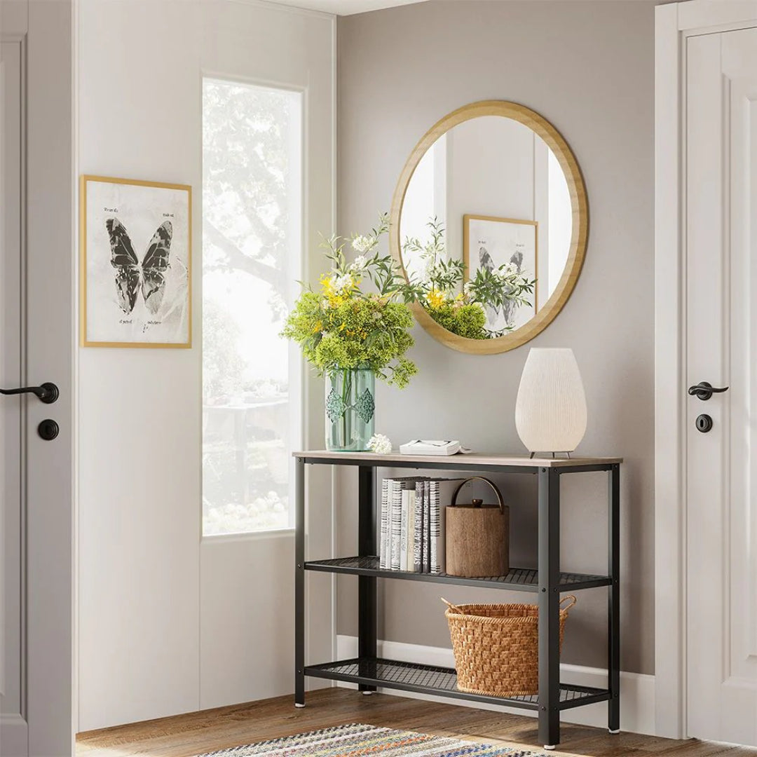 3-Tier Entryway Console Table with Mesh Shelves, Industrial Storage Shelf