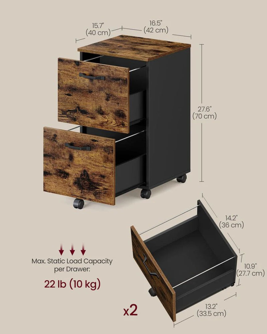 2 Drawer Rolling File Cabinet With Lockable Wheels, 27.6 Inch Unit