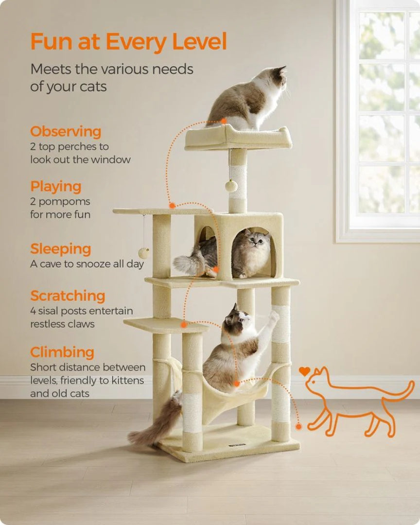Cat Tower 56.3in Tall Multi Level Cat Tree With Hammock