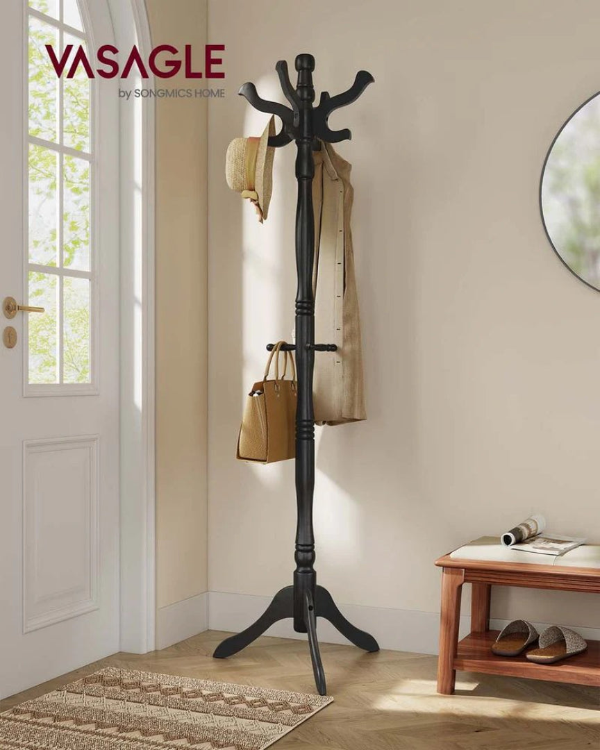Freestanding Coat Rack With 11 Hooks, Solid Wood Stand
