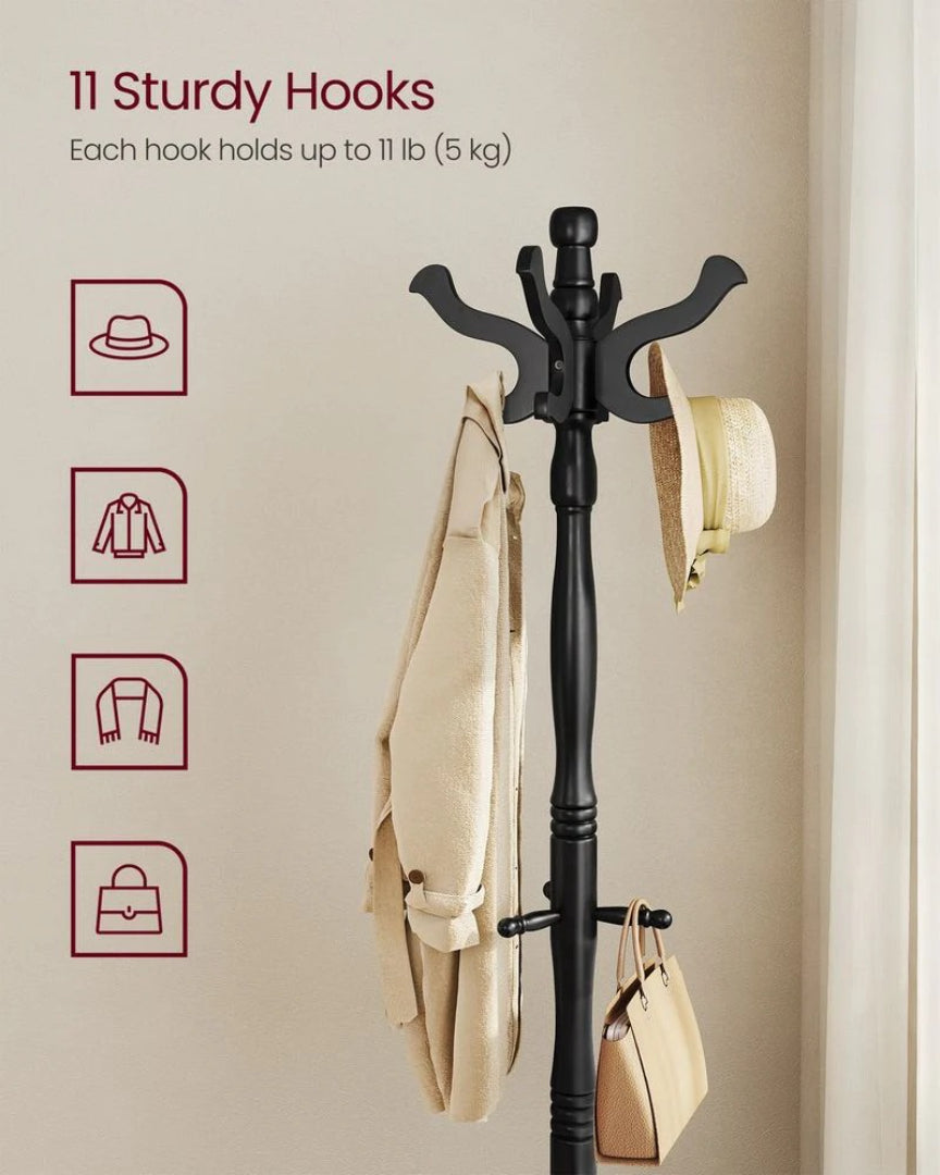 Freestanding Coat Rack With 11 Hooks, Solid Wood Stand