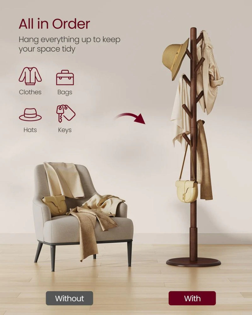 Solid Wood Coat Rack With 7 Hooks, Adjustable Freestanding Stand