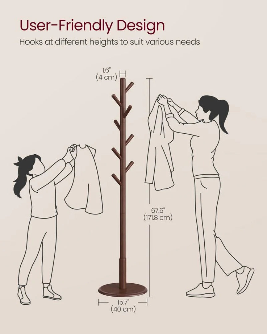Solid Wood Coat Rack With 7 Hooks, Adjustable Freestanding Stand