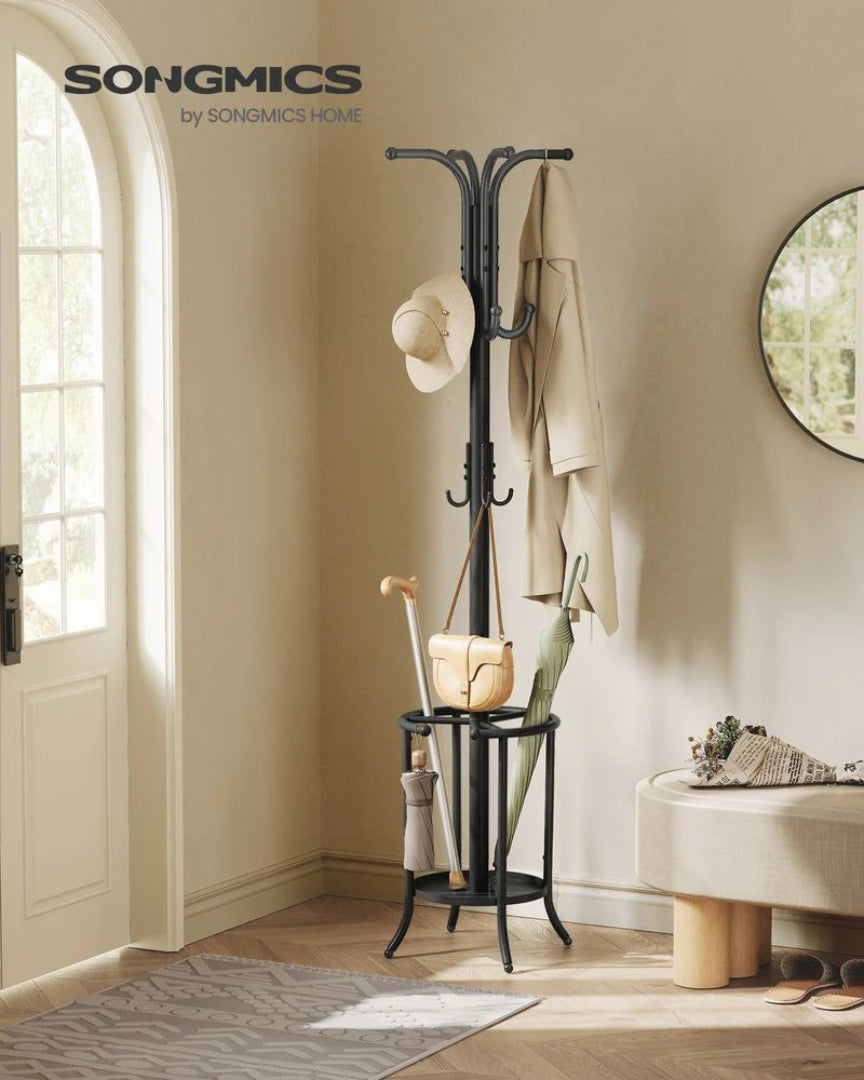 Freestanding Coat Rack With Umbrella Holder & 12 Hooks