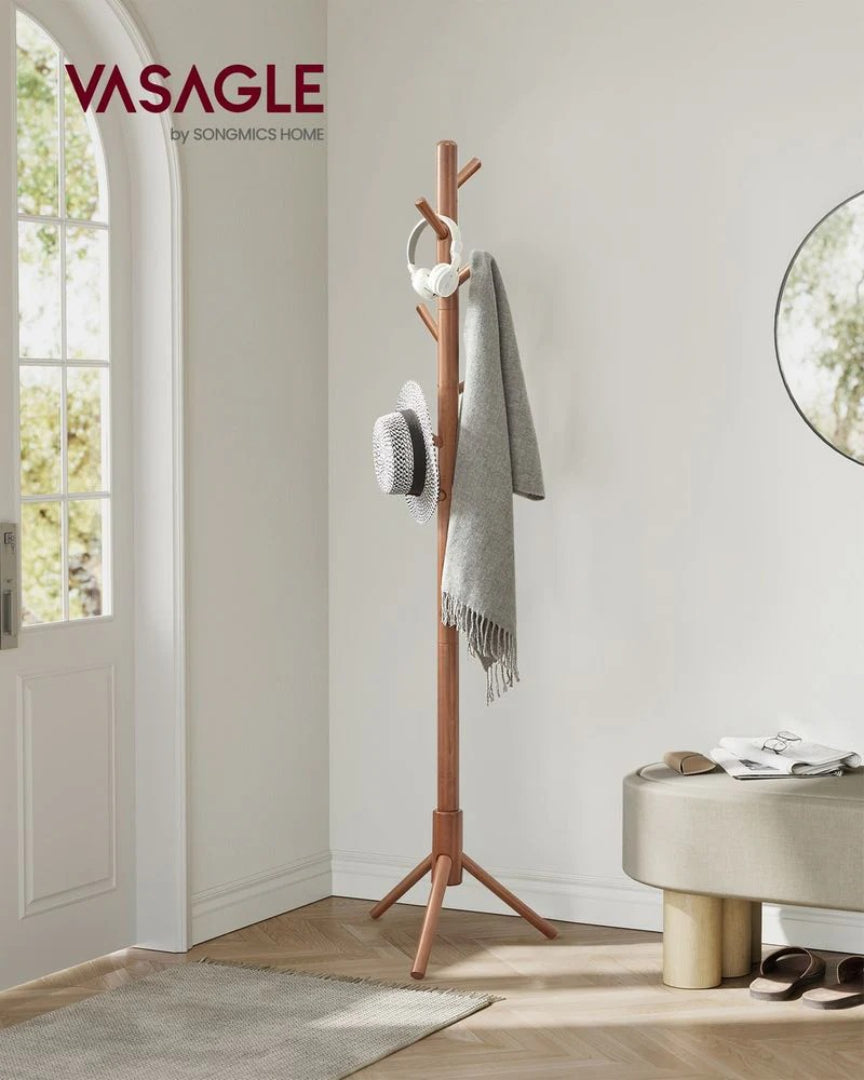 Solid Wood Coat Rack With 8 Hooks, 68.9 Inch Freestanding Stand
