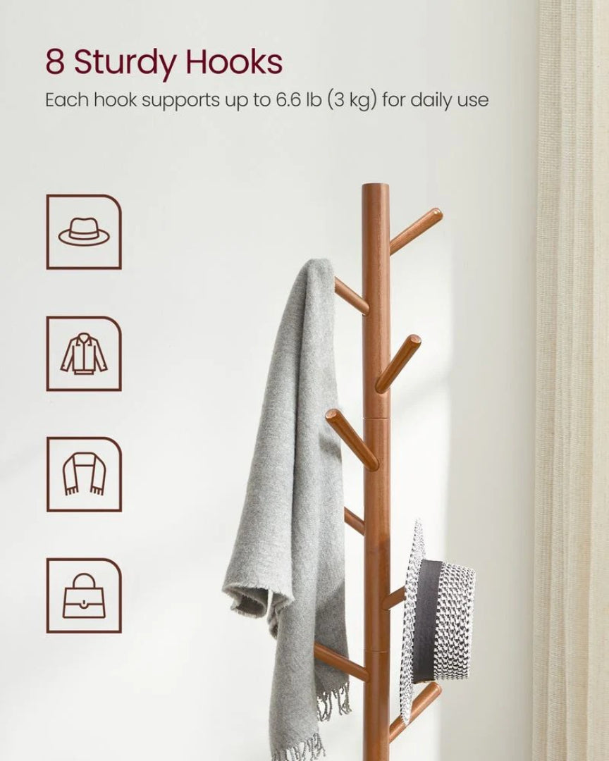 Solid Wood Coat Rack With 8 Hooks, 68.9 Inch Freestanding Stand