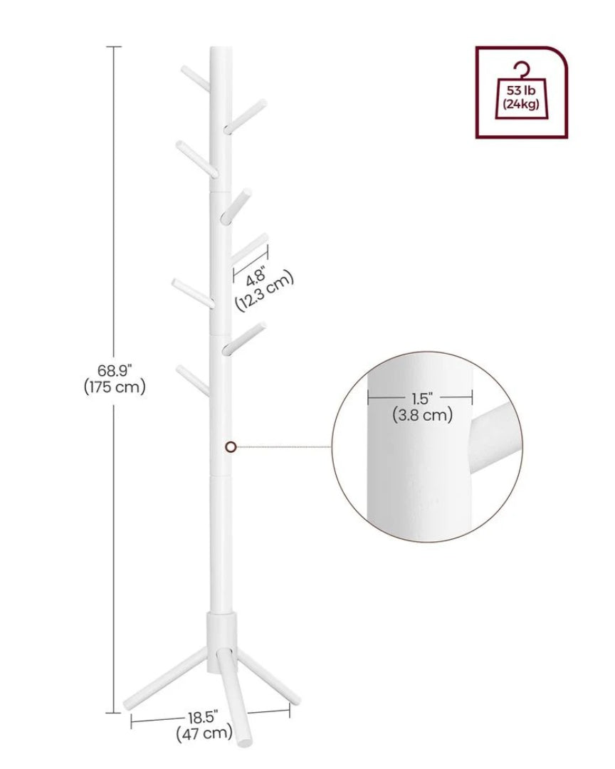 Solid Wood Coat Rack With 8 Hooks, 68.9 Inch Freestanding Stand