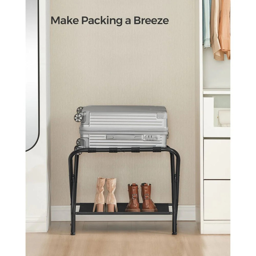 Folding Luggage Rack With Shelf Steel Suitcase Stand