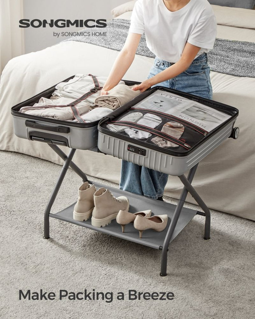 Folding Luggage Rack With Shelf Steel Suitcase Stand
