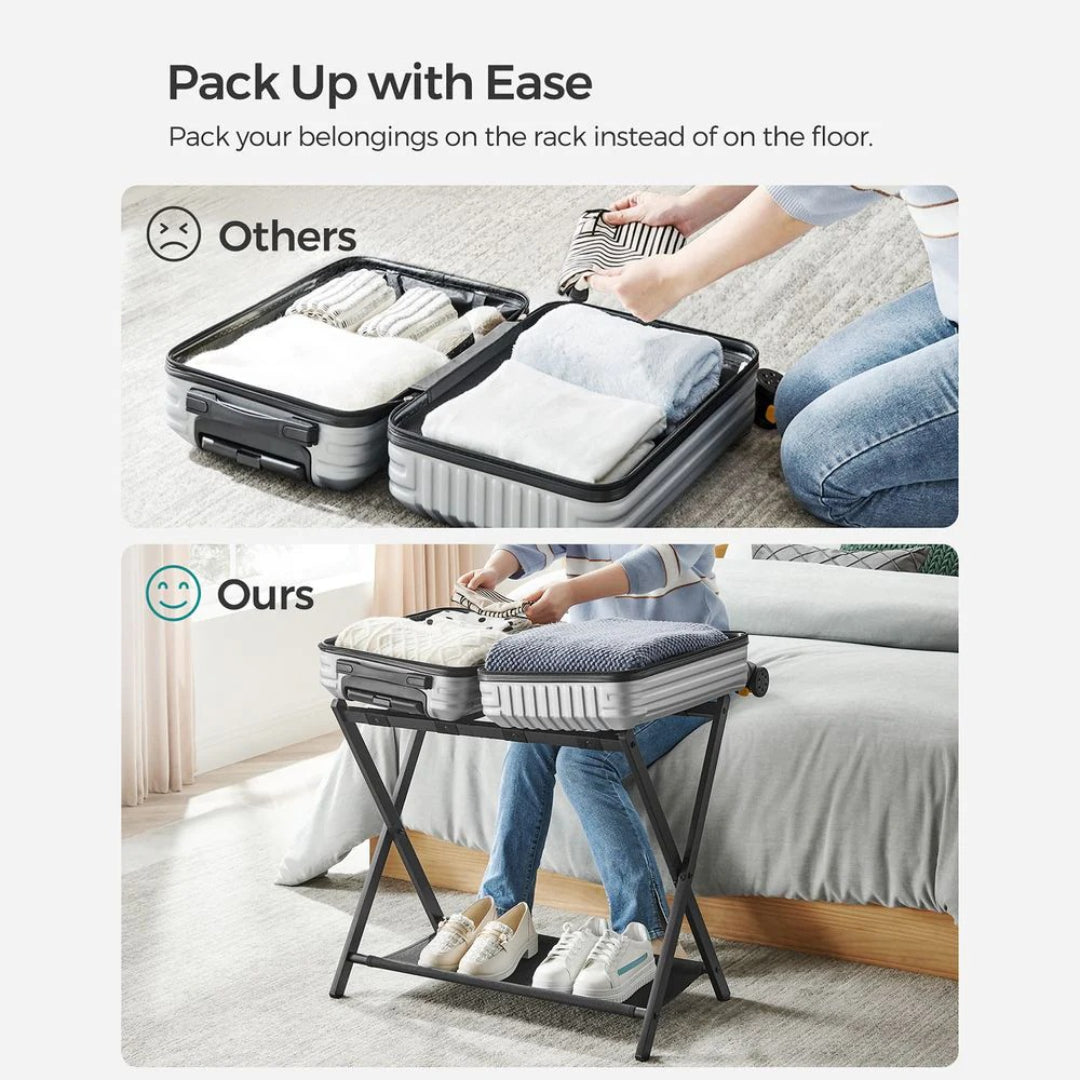 Folding Luggage Rack With Shelf Steel Suitcase Stand