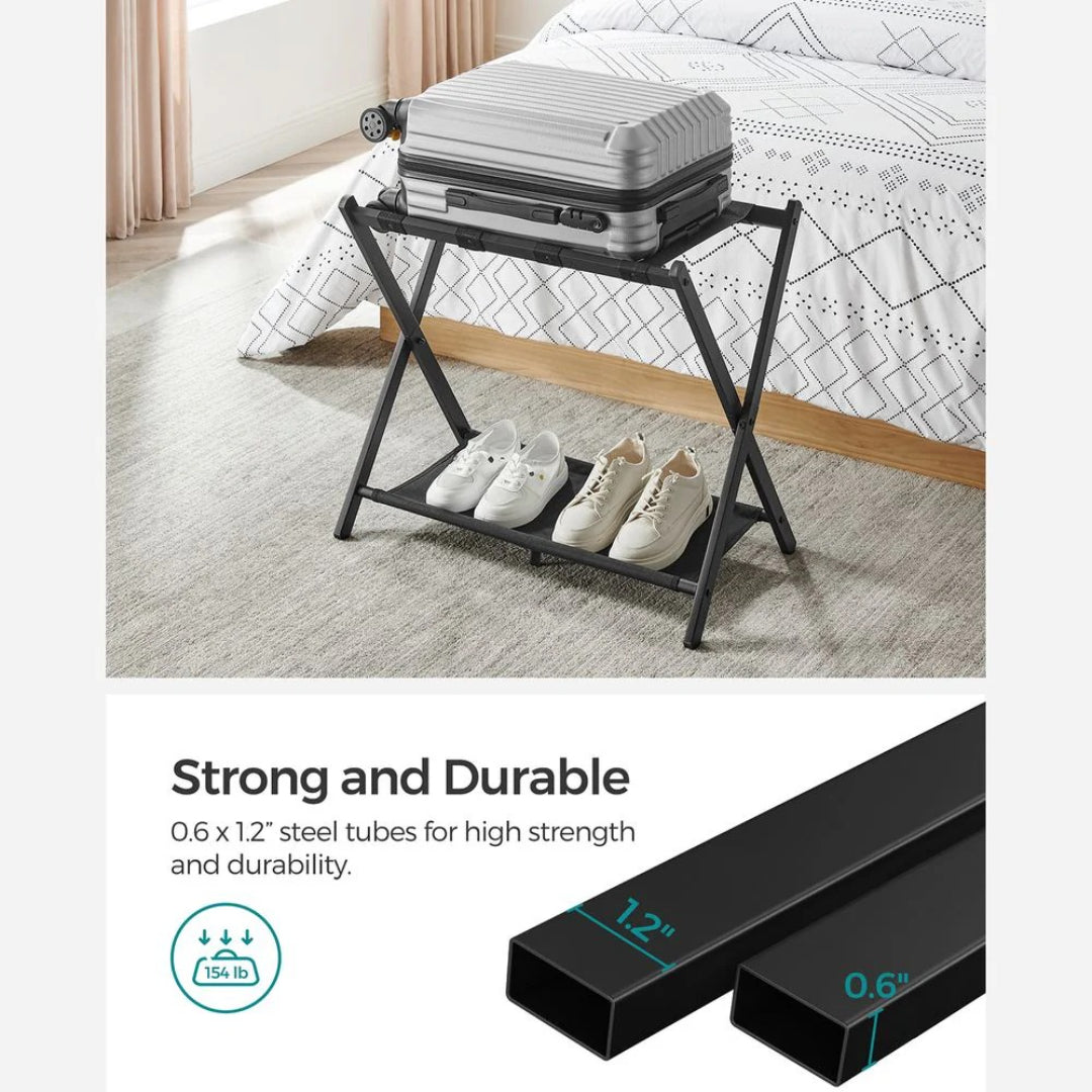 Folding Luggage Rack With Shelf Steel Suitcase Stand