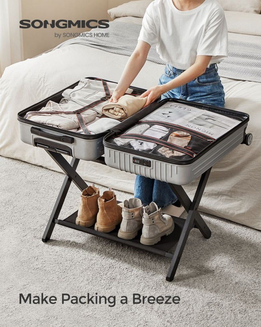 Folding Luggage Rack With Storage Shelf Bamboo Suitcase Stand