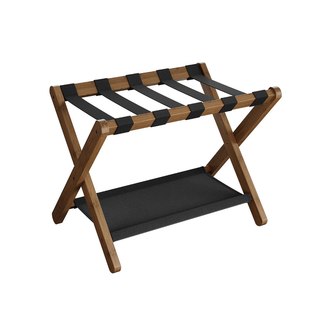 Folding Luggage Rack With Storage Shelf Bamboo Suitcase Stand