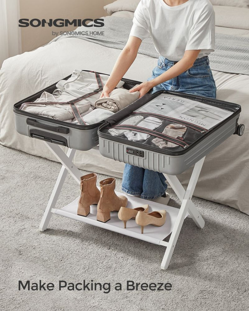 Folding Luggage Rack With Storage Shelf Bamboo Suitcase Stand