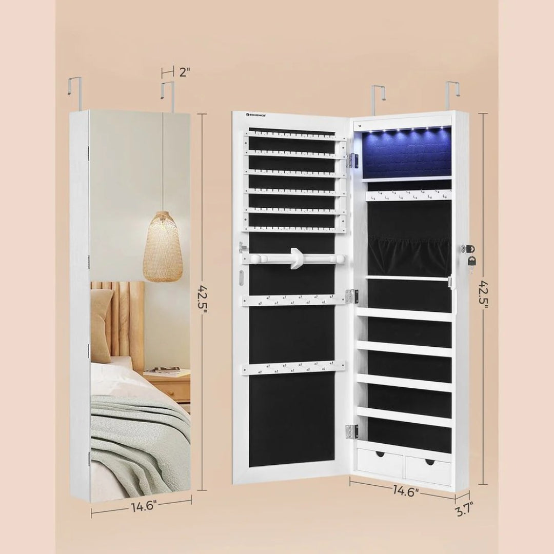 Wall Mounted Jewelry Armoire Cabinet With Mirror LED Lights