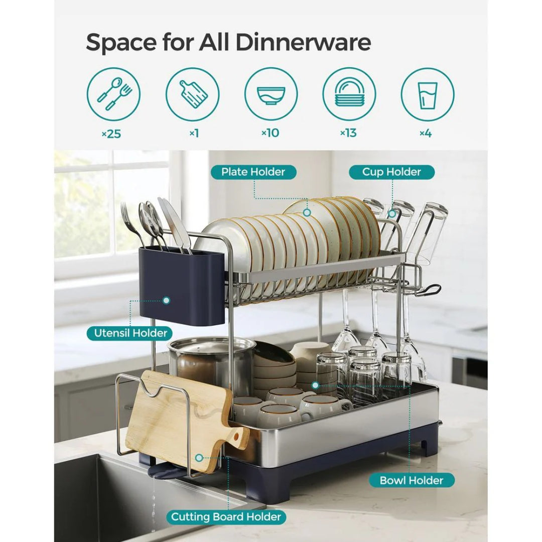 2-Tier Dish Drying Rack with Drainboard, Stainless Steel Kitchen Dish Rack