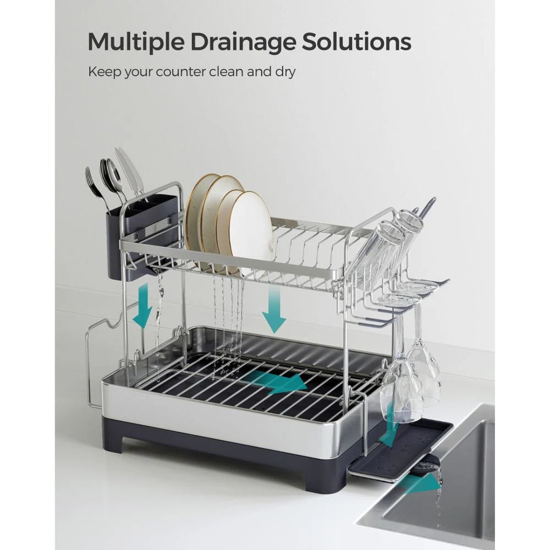 2-Tier Dish Drying Rack with Drainboard, Stainless Steel Kitchen Dish Rack