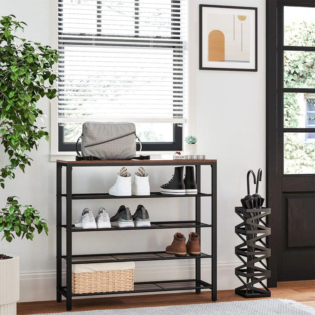 5 Tier Shoe Rack With Mesh Shelves & Storage Top Organizer