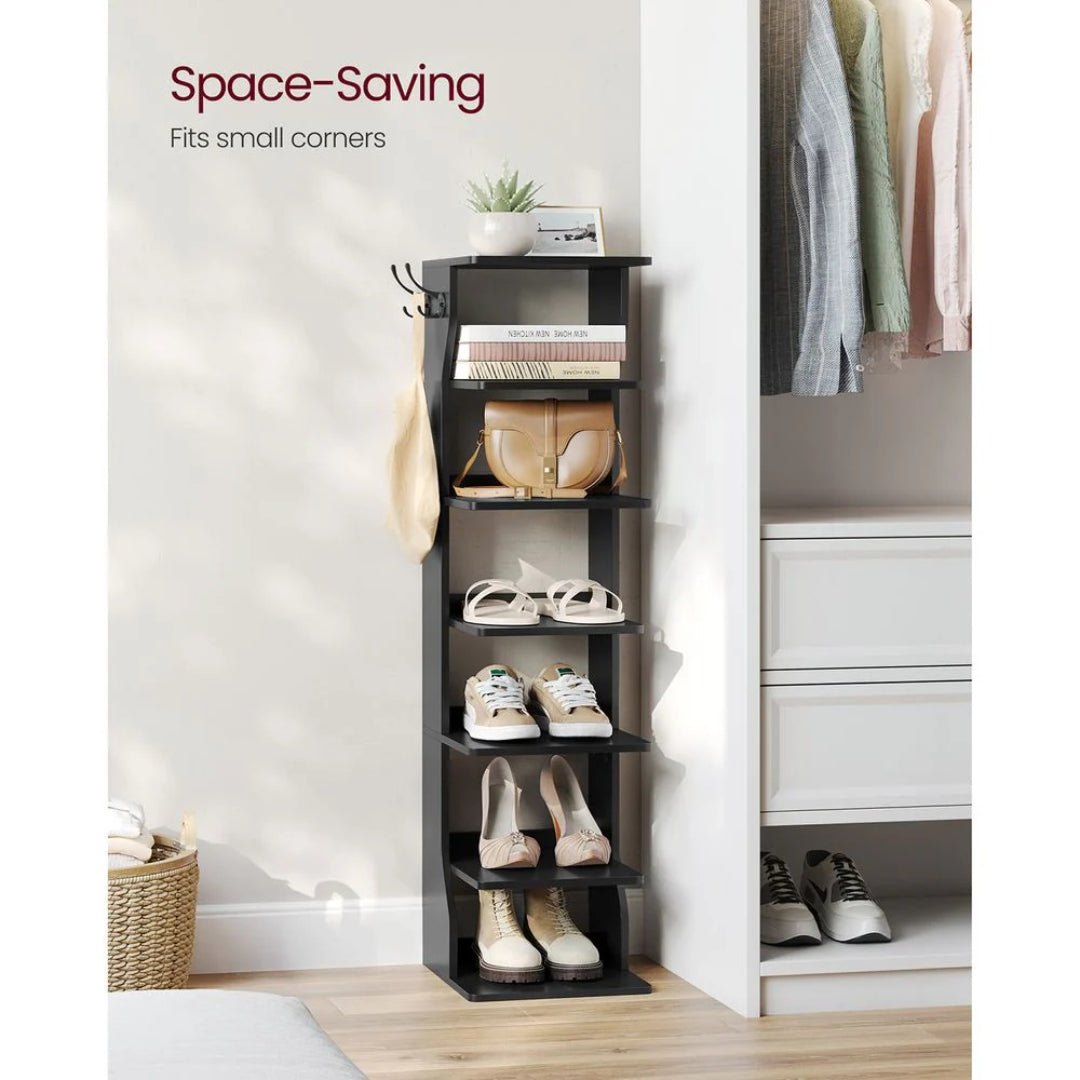 7 Tier Slim Shoe Rack With Hooks, Narrow Shoe Storage Organizer