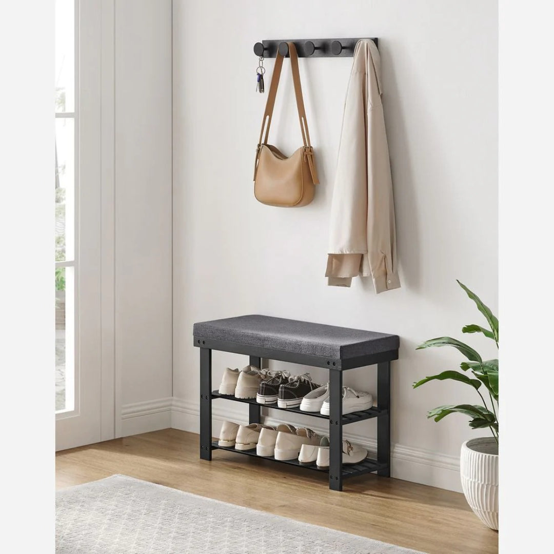 Shoe Organizer Bench With Cushion & 2 Shelves, 28 Inch Unit