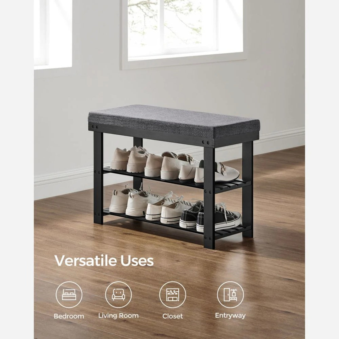Shoe Organizer Bench With Cushion & 2 Shelves, 28 Inch Unit